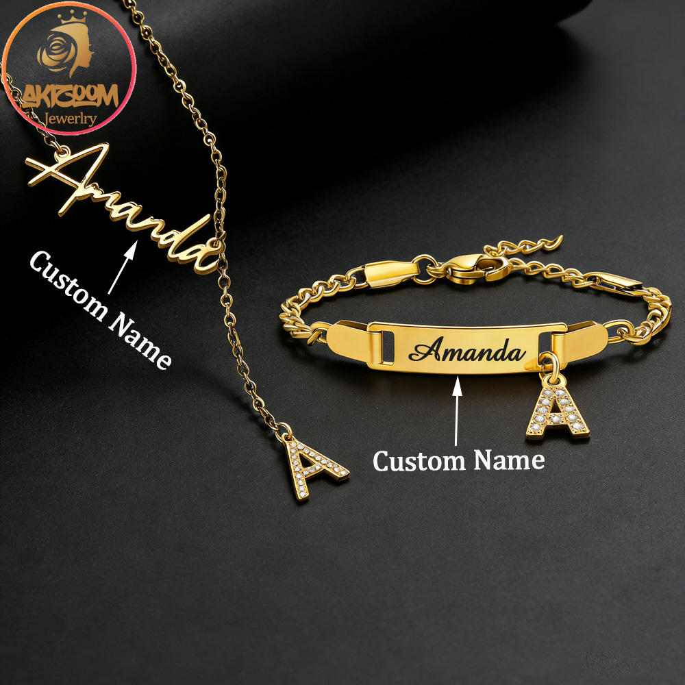 Men'S Fashion Jewelry Bracelets - Akizoom カスタム名ジルコンレターネックレスブレスレットステンレス鋼パーソナライズされた名前ジュエリーセット女性子供の誕生日ギフト用