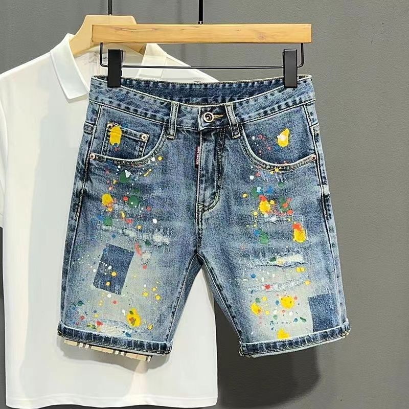 Jeans Pants Fashion Men - メンズショートジーンズパンツグラフィティスリムブルーリッピング男性デニムショーツ失礼レトロ夏薄いストレッチ韓国ファッションストリートXL