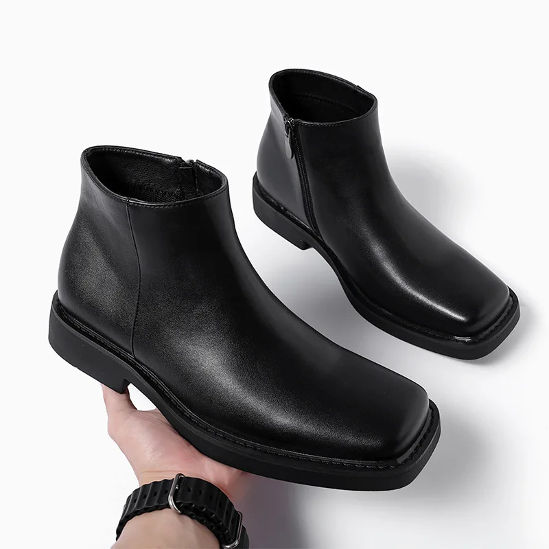 Mens Fashion Dress Shoes - 黒の新ファッション男性カジュアル革靴秋冬ドレスアンクルブーツヴィンテージ英国ビジネススクエアトゥチェルシーブーツ