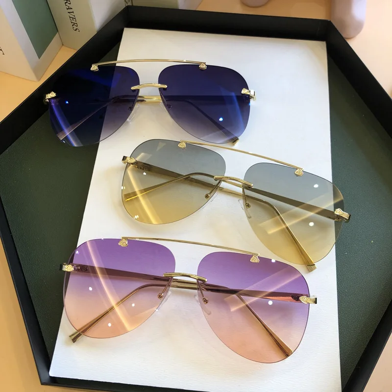 Men'S Fashion Rimless Glasses - ヴィンテージリムレス合金航空パイロットサングラス男性用ブランドグラデーションサングラス女性メタルオーバルシェードブラックブラウン