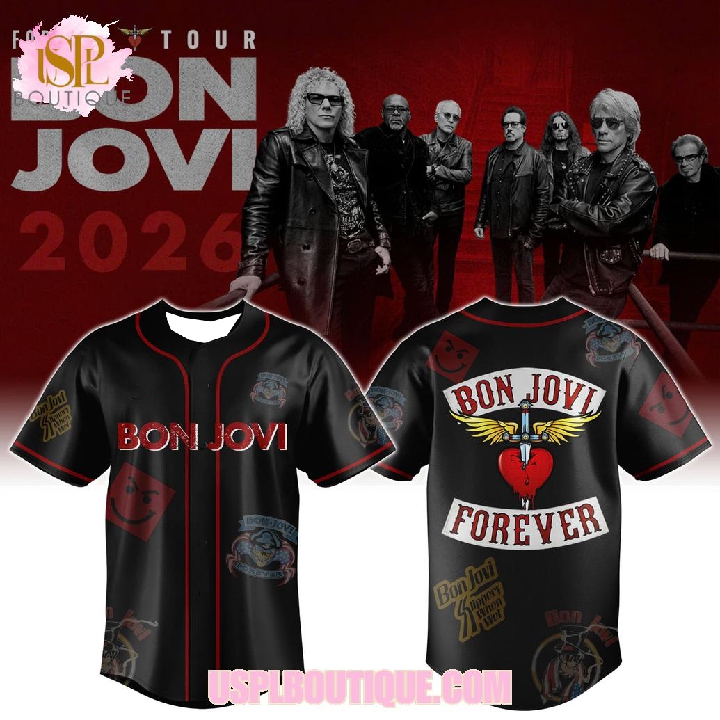 Mens Fashion Baseball Jersey - ボン・ジョヴィ「フォーエバー2026ツアー」ブラックベースボールジャージ、メンズY2K Tシャツは日常着やトレーニングウェアに適しています。