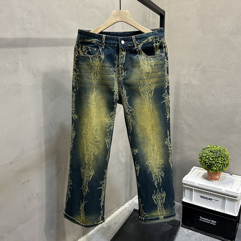 Mens Fashion In The 2000S - 2000年代原宿パンツファッション、ダメージ加工ウォッシュドルーズジーンズ、レトロヒップホップ人気ゴスハイウエストワイドレッグデニムパンツ