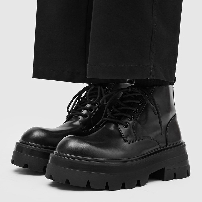 Mens Fashion Dress - メンズファッションプラットフォームブーツレースアップオリジナルレザーシューズブラックトレンディカウボーイアンクルブーツパンクロックドレスクールチャンキーボタス男性用