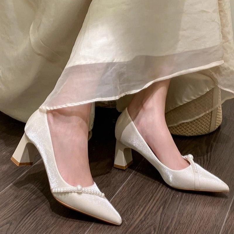 Mens Fashion Dress Shoes - エレガントなパール装飾のポインテッドトゥブロックヒール、優しいスタイルのコンフォートパンプス、女性用クラシックオフィスドレスシューズ