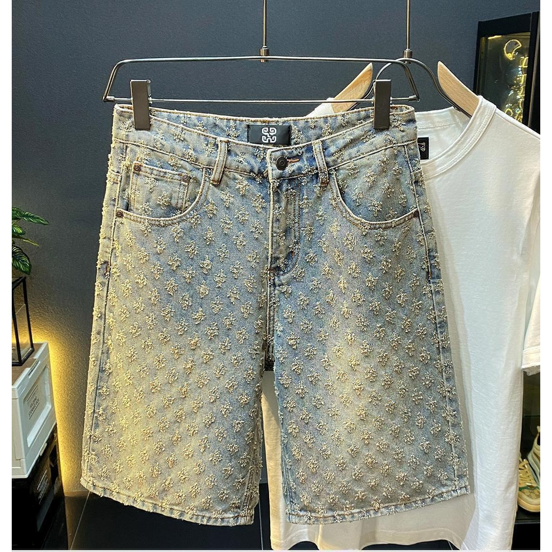 Jeans Pants Fashion Men - 夏のハイストリートデニムショーツ メンズカジュアルジーンズショーツ ルーズミッドハイウエスト ファッションヴィンテージ 膝丈デニムショートパンツ メンズ