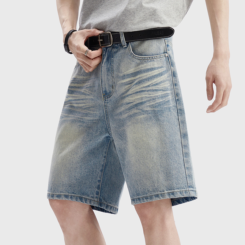 Jeans Pants Fashion Men - ヴィンテージウォッシュデニムショートパンツメンズルーズクラシックコットンバギーワイドレッグジーンズファッションカジュアル膝丈パンツ韓国ストリートウェア