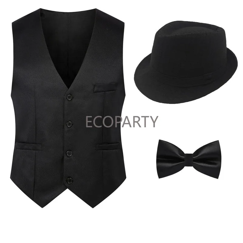 Men'S Fashion Roaring 20S - ギャツビー-男性用のギャングスターベスト,フェドーラ帽子,蝶ネクタイ,ハロウィーンの衣装セット,コスプレ衣装,20年代のファッションアクセサリー,1920
