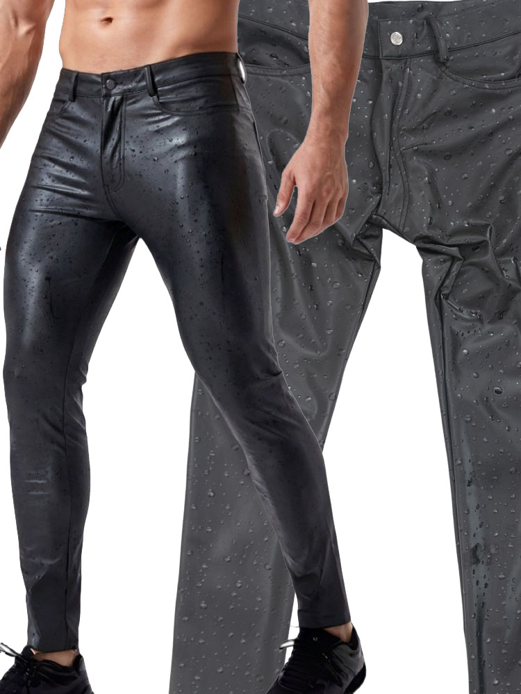 Jeans Pants Fashion Men - 3D ウォータードロッププリント弾性 PU レザージーンズタイツペンシルパンツレギンスファッションズボンオートバイパンタロンスポドニー衣装