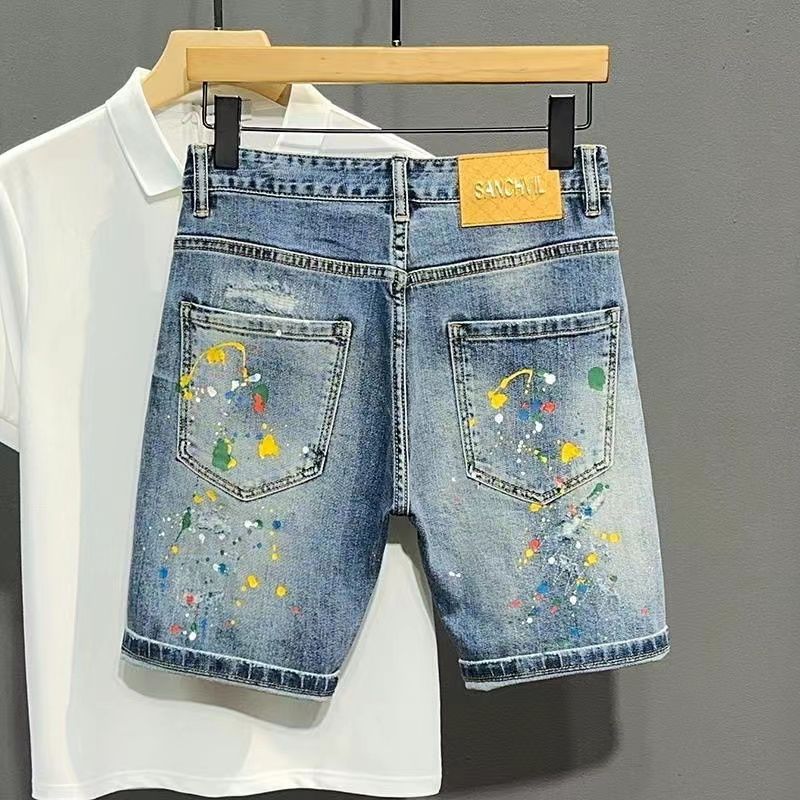 メンズショートジーンズパンツグラフィティスリムブルーリッピン - Jeans Pants Fashion Men のレビューと価格