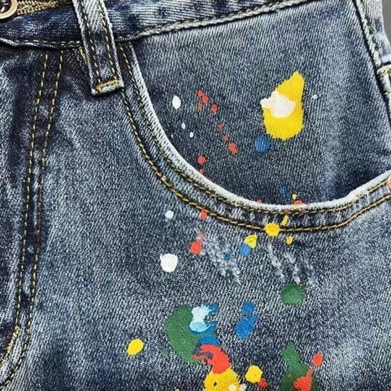 メンズショートジーンズパンツグラフィティスリムブルーリッピン - Jeans Pants Fashion Men のレビューと価格