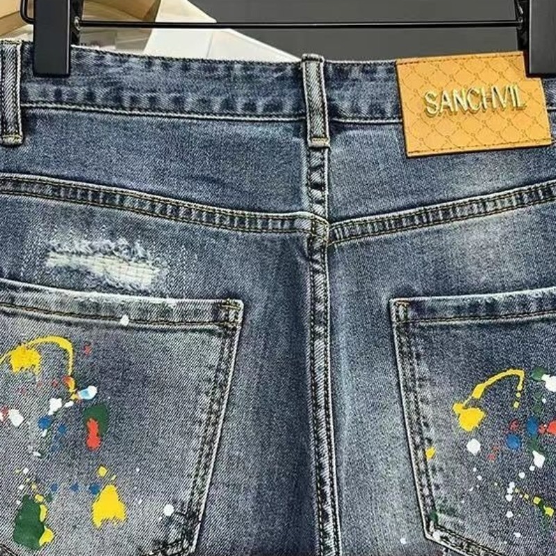 メンズショートジーンズパンツグラフィティスリムブルーリッピン - Jeans Pants Fashion Men のレビューと価格