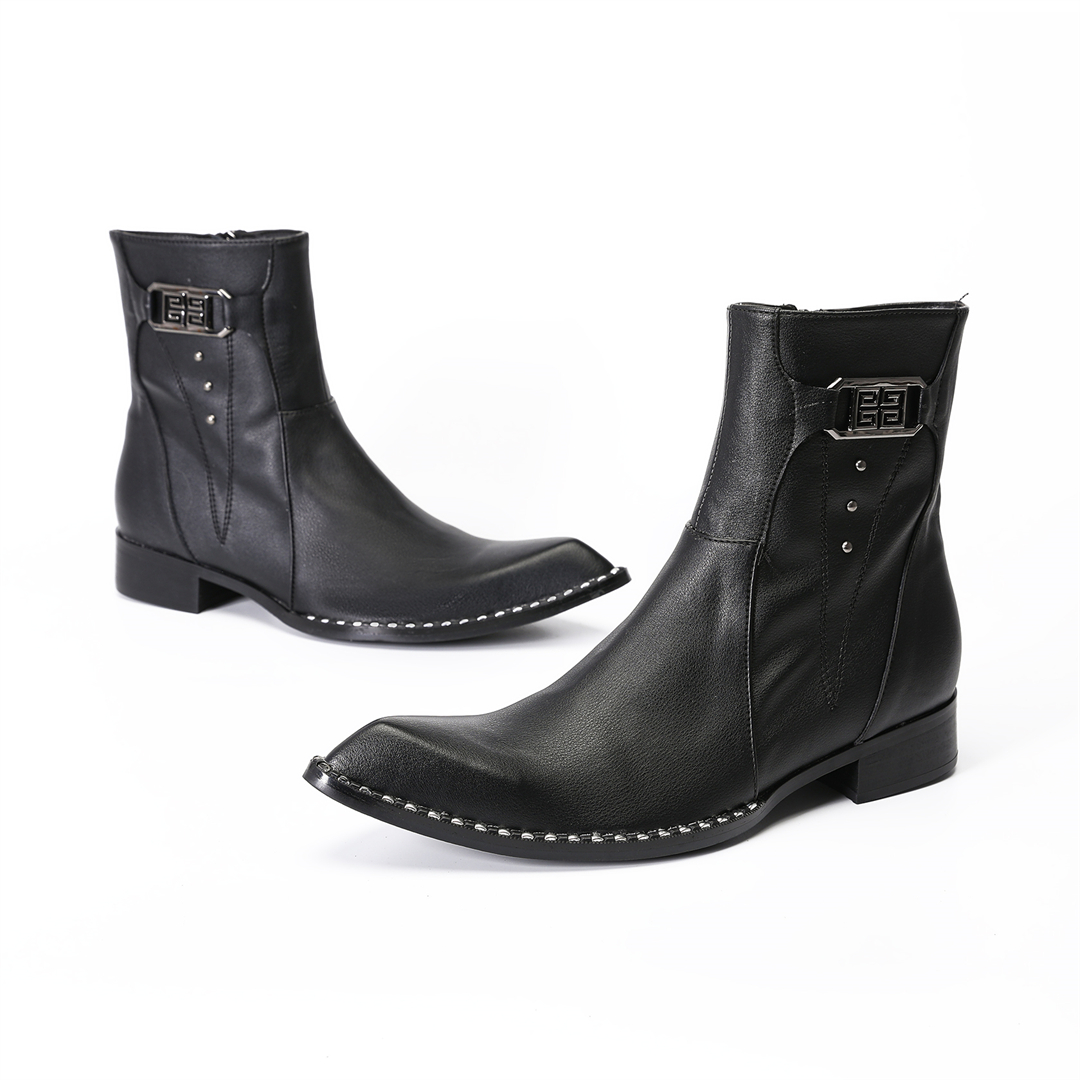 ファッション黒ポインテッドトゥ男性本革アンクルブーツ男性ジッ - Mens Fashion Dress のレビューと価格