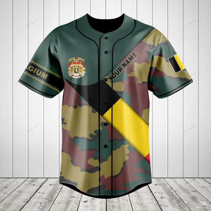 カスタム名ベルギー国旗迷彩グラフィックボタンシャツ夏カジュア - Mens Fashion Baseball Jersey のレビューと価格