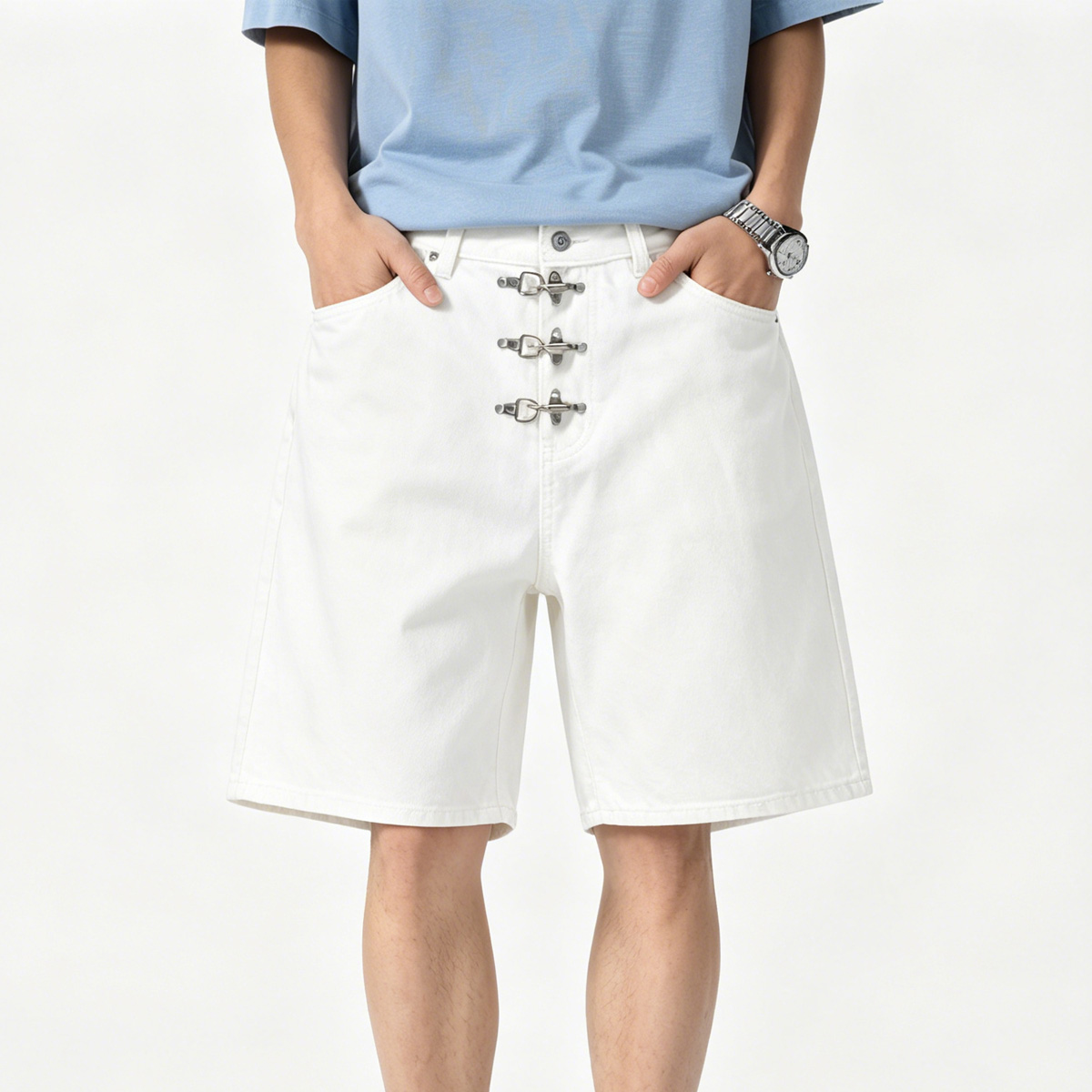 メタルバックル付きショートバギージーンズ メンズ サマー ス - Jeans Pants Fashion Men のレビューと価格