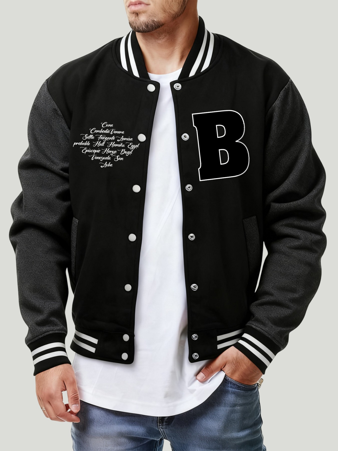 文字 B さまざまな場所プリントメンズジャケットファッション - Mens Fashion Baseball Jersey のレビューと価格