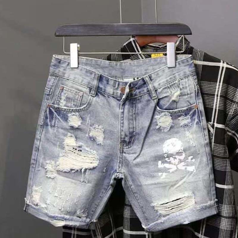 メンズの穴のある伸縮性のあるサマージーンズ,フィットしたファ - Jeans Pants Fashion Men のレビューと価格