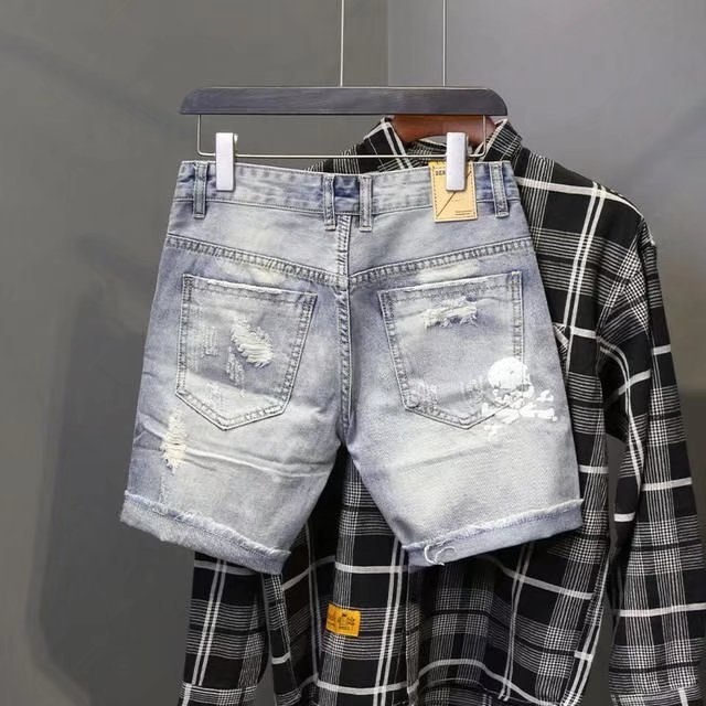 メンズの穴のある伸縮性のあるサマージーンズ,フィットしたファ - Jeans Pants Fashion Men のレビューと価格