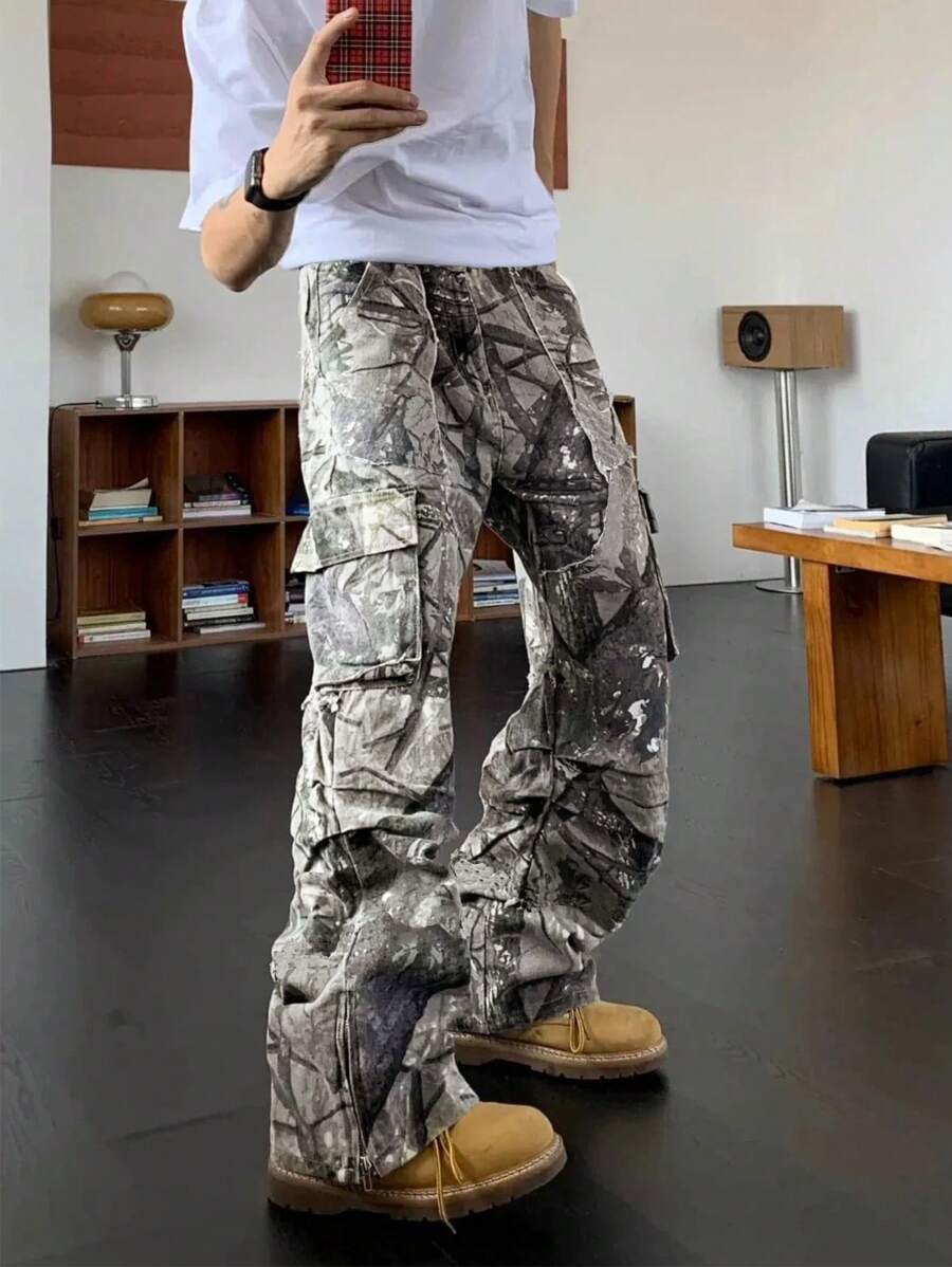 メンズファッションカーゴパンツ、リーフプリント、ルーズフレア - Mens Fashion In The 2000S のレビューと価格